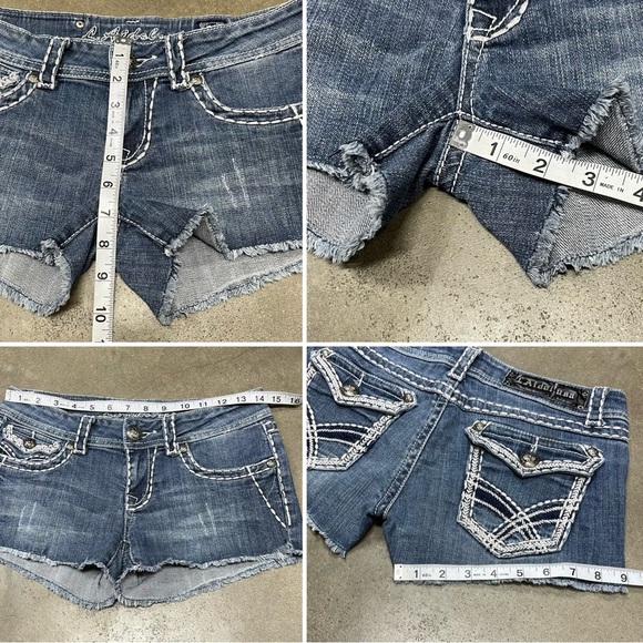 L.A. Idol Embroidered Distressed Bling CutOff Denim Jean Shorts MissMe Style Y2K - Picture 7 of 9